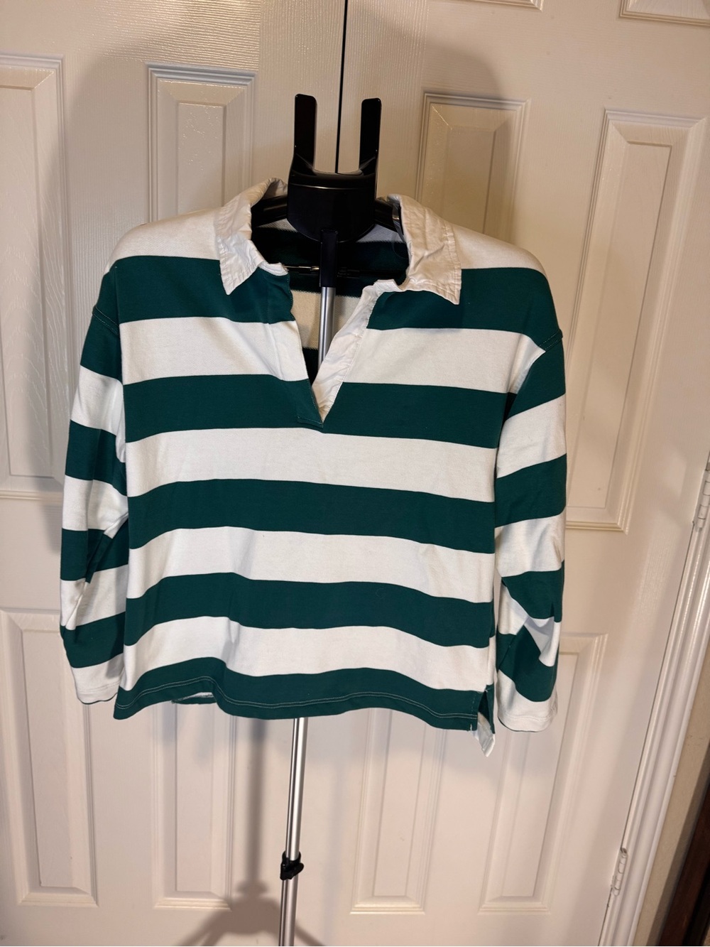 Striped Green and White Rugby Polo Top - Women's Casual Long Sleeve